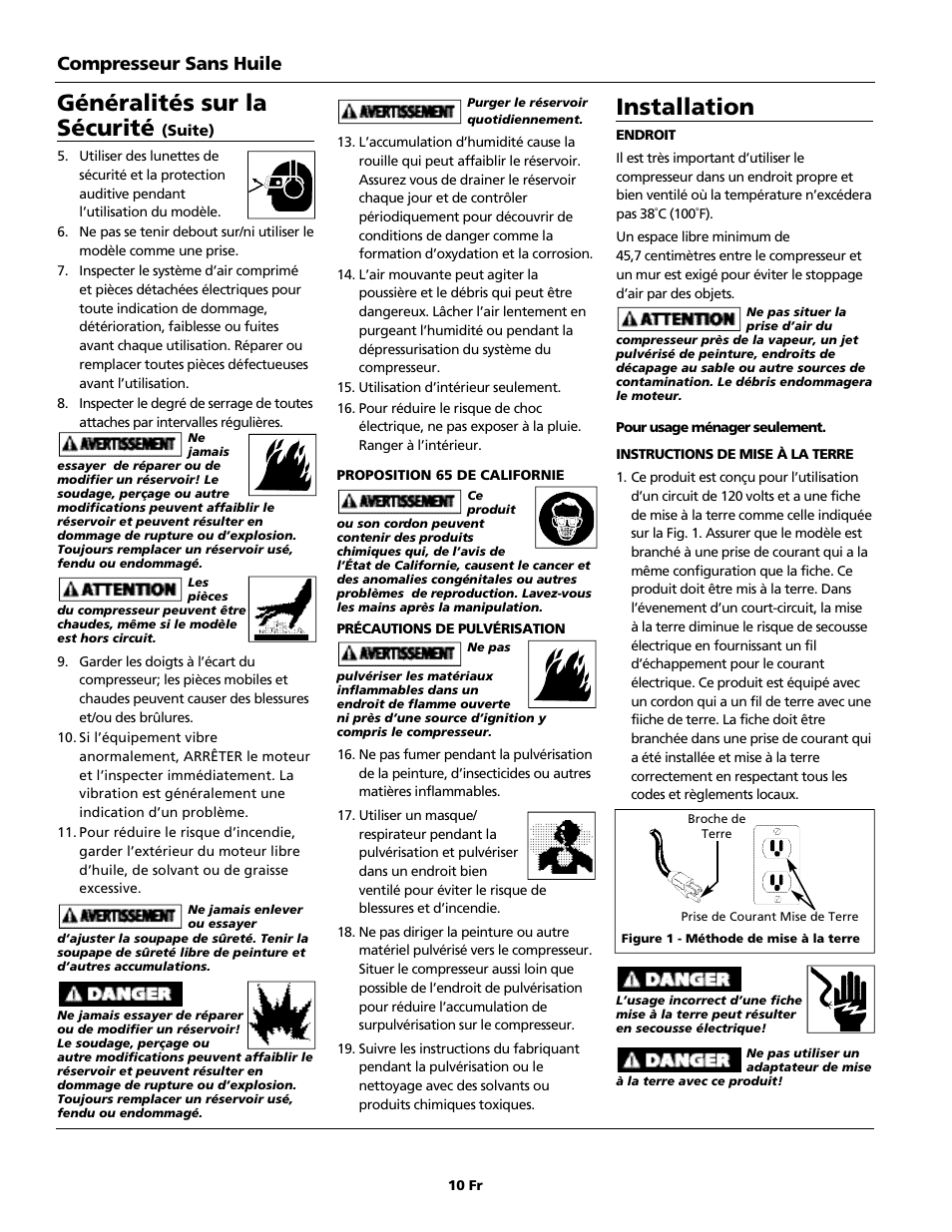 Installation, Généralités sur la sécurité | Campbell Hausfeld FP202899TT User Manual | Page 10 / 24