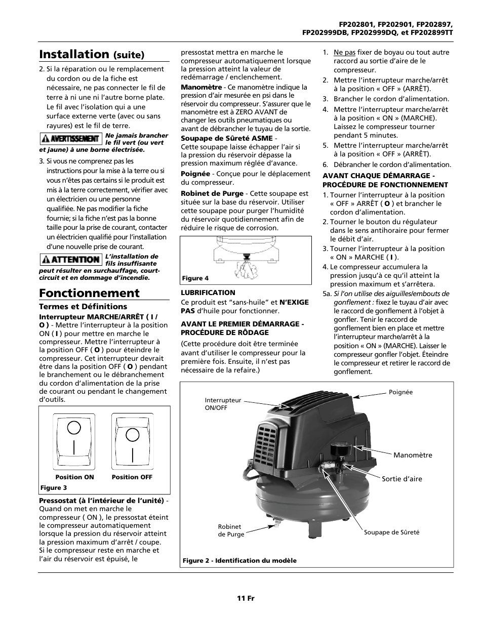 Installation, Fonctionnement, Suite) | Campbell Hausfeld FP202899TT User Manual | Page 11 / 24