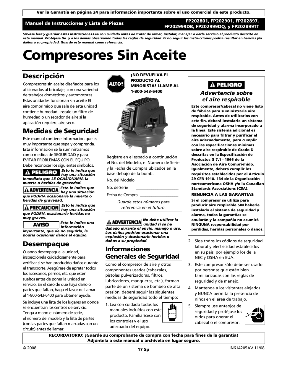 Descripción, Medidas de seguridad, Desempaque | Campbell Hausfeld FP202899TT User Manual | Page 17 / 24