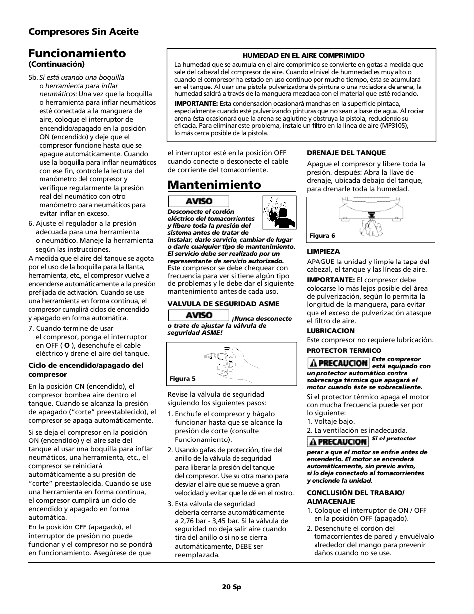 Funcionamiento, Mantenimiento | Campbell Hausfeld FP202899TT User Manual | Page 20 / 24