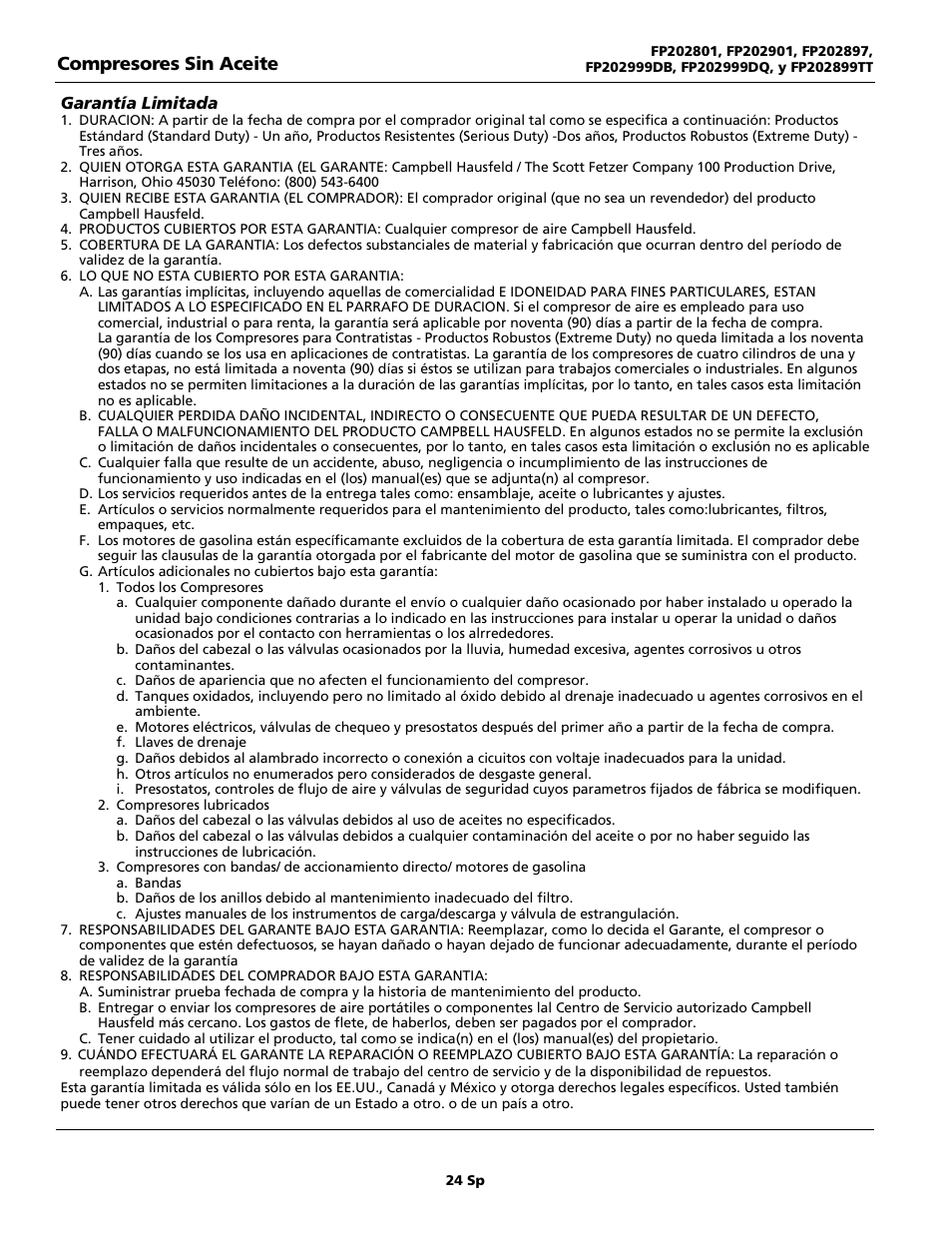 Campbell Hausfeld FP202899TT User Manual | Page 24 / 24