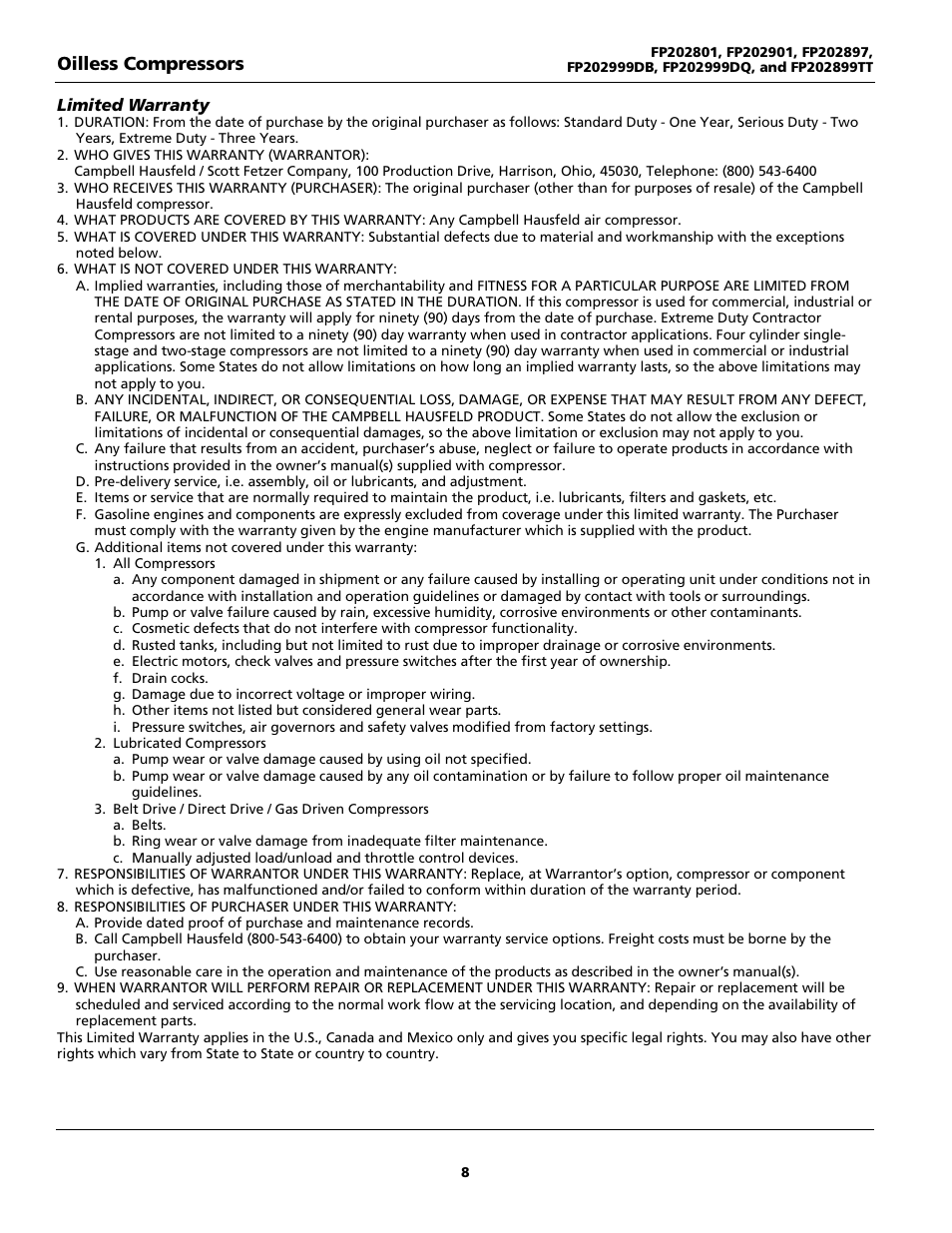 Campbell Hausfeld FP202899TT User Manual | Page 8 / 24