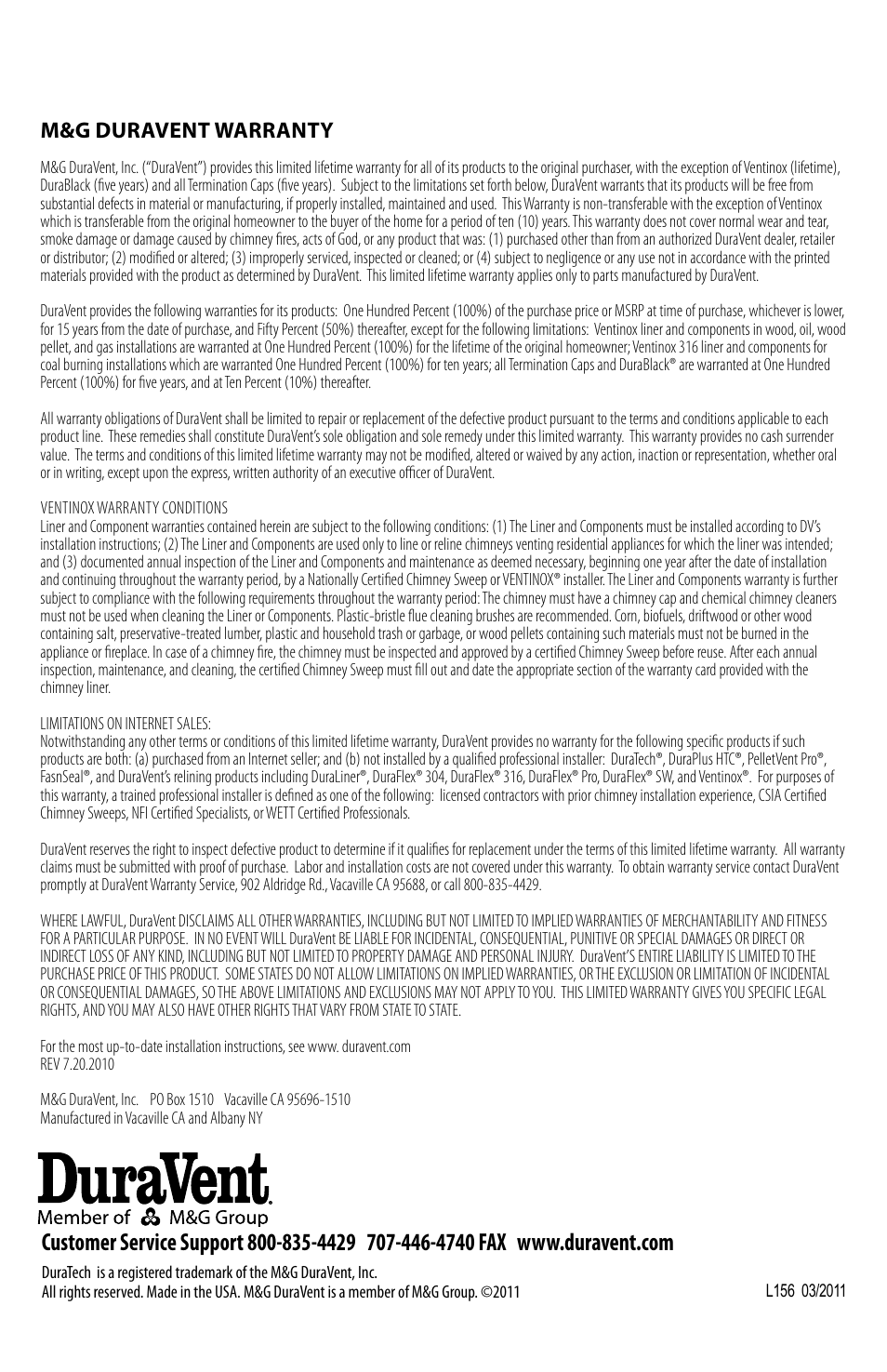 M&g duravent warranty | DuraVent DuraTech Adjustable Length User Manual | Page 4 / 4