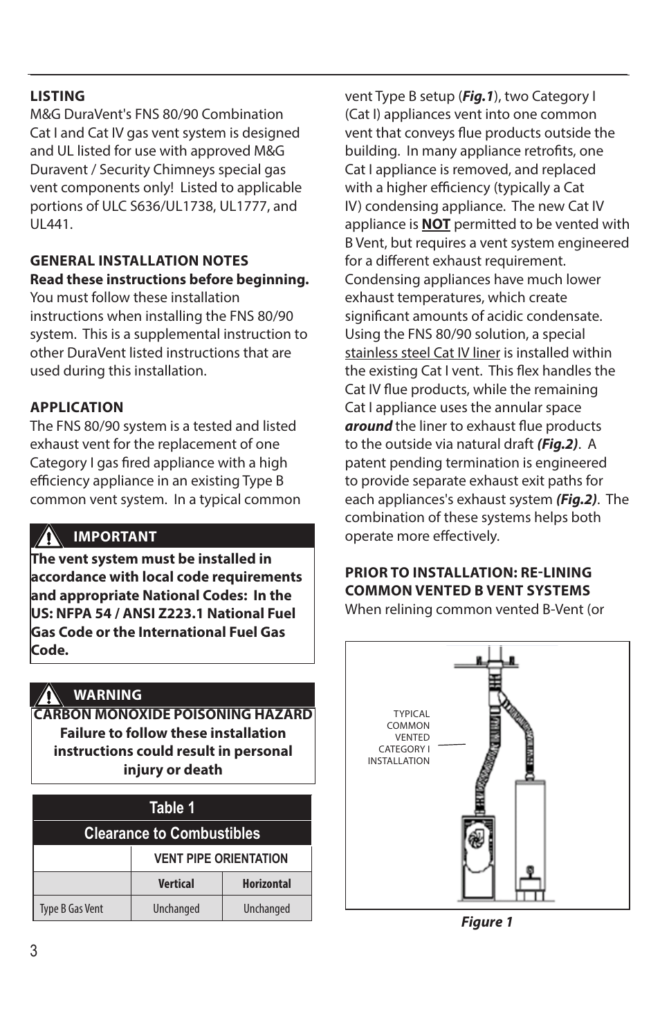Table 1 clearance to combustibles | DuraVent FasNSeal 8090 Installation User Manual | Page 3 / 8