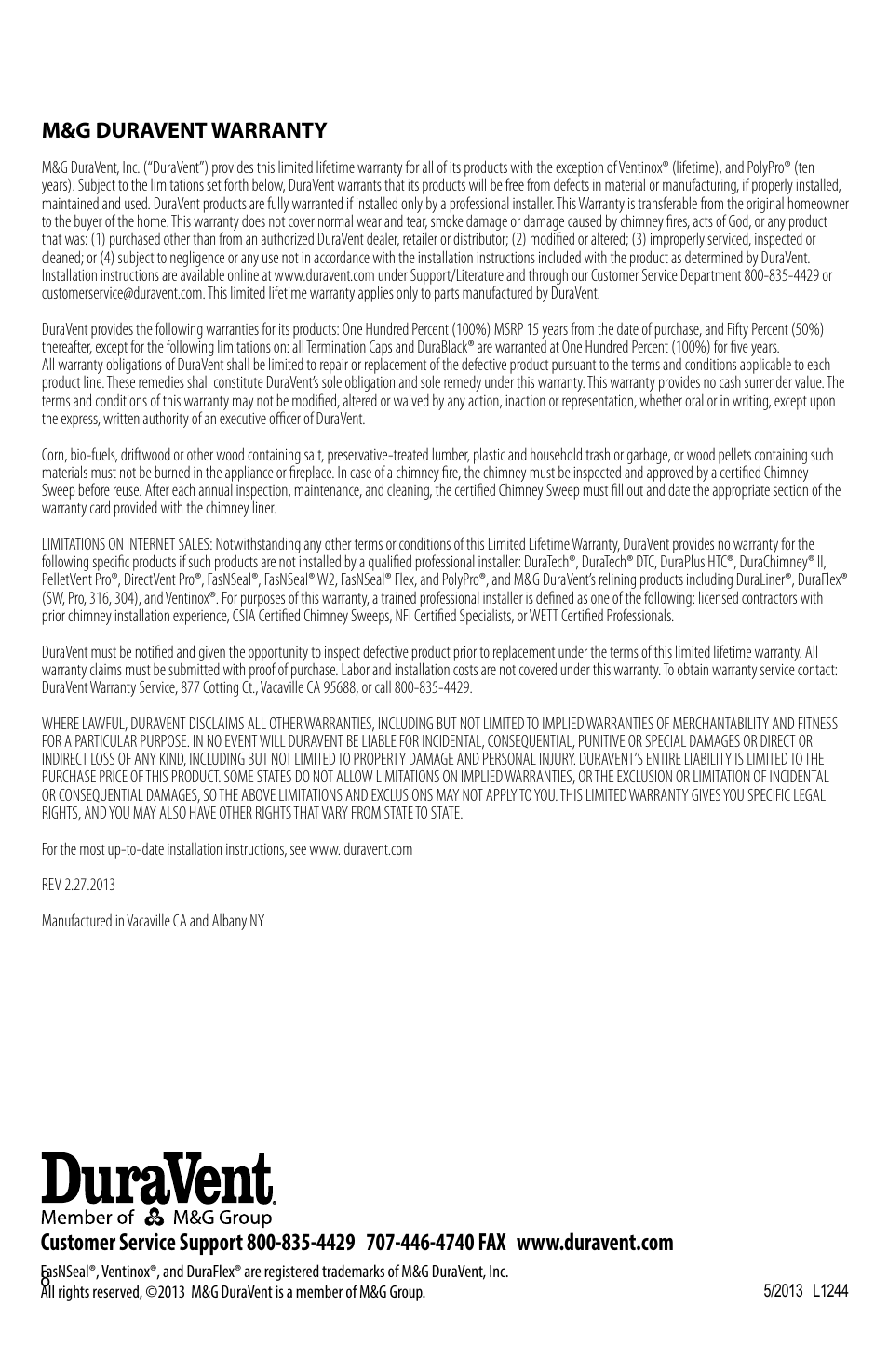 M&g duravent warranty | DuraVent Ovalizing Flexible Liners User Manual | Page 8 / 8