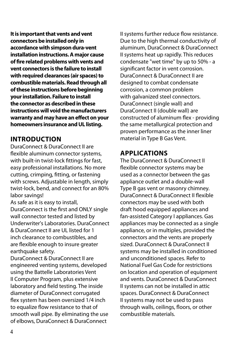 Introduction, Applications | DuraVent DuraConnect User Manual | Page 4 / 12