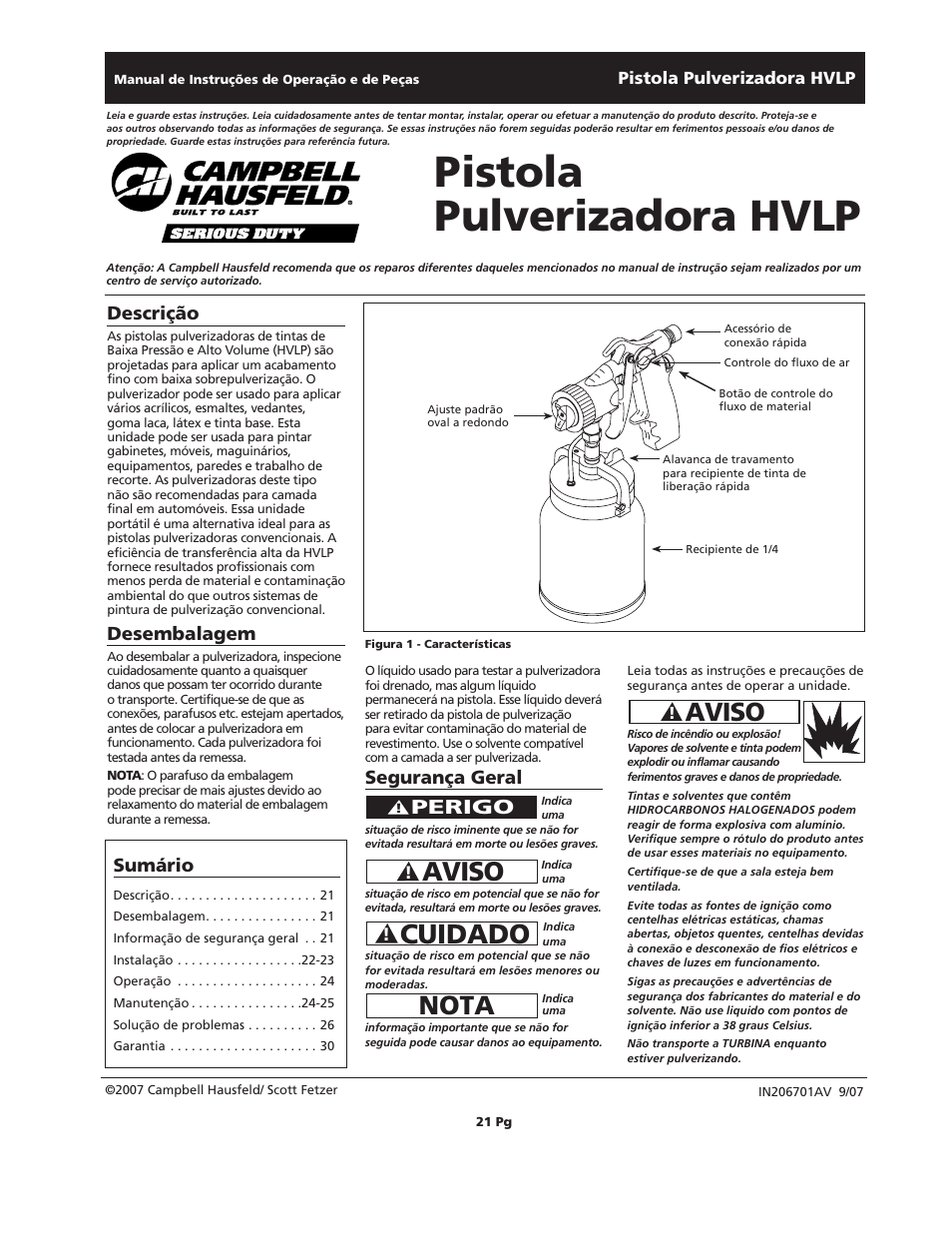 Pistola pulverizadora hvlp, Cuidado, Aviso | Nota, Perigo, Descrição, Desembalagem, Segurança geral, Sumário | Campbell Hausfeld HVLP User Manual | Page 21 / 40