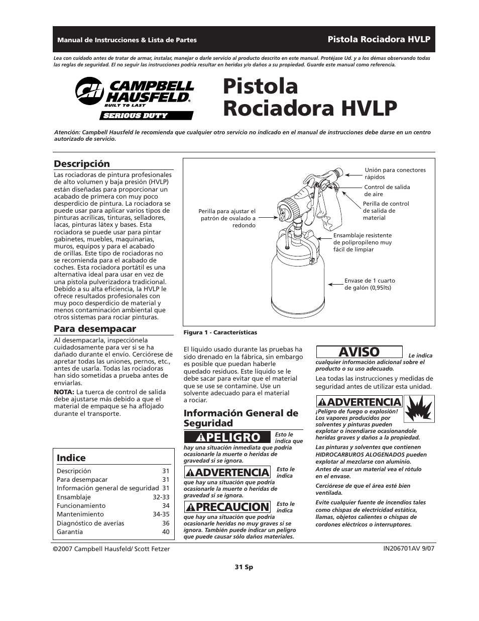 Pistola rociadora hvlp, Aviso, Peligro | Precaucion, Advertencia, Descripción, Para desempacar, Información general de seguridad, Indice | Campbell Hausfeld HVLP User Manual | Page 31 / 40