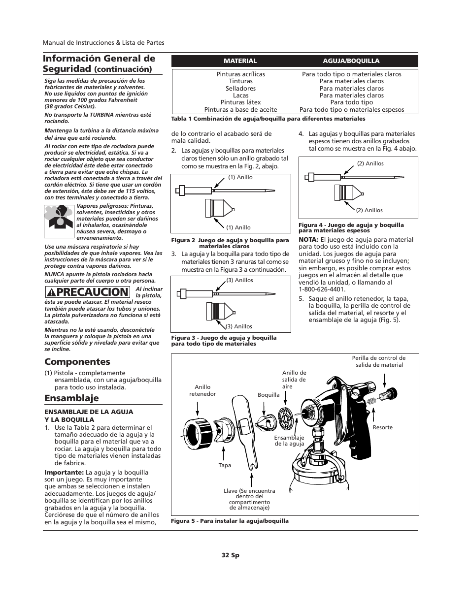 Precaucion, Componentes, Ensamblaje | Información general de seguridad | Campbell Hausfeld HVLP User Manual | Page 32 / 40