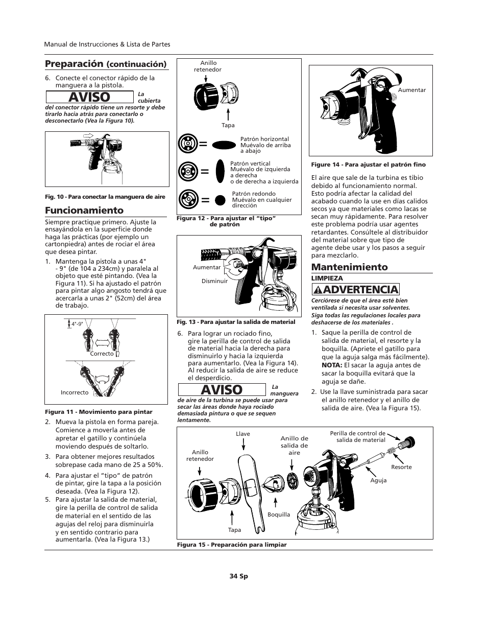 Aviso, Advertencia, Funcionamiento | Mantenimiento, Preparación | Campbell Hausfeld HVLP User Manual | Page 34 / 40