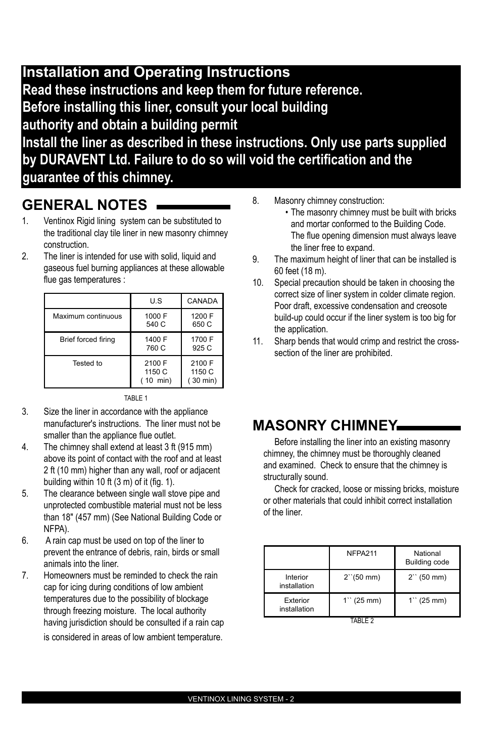 Masonry chimney | DuraVent Ventinox Rigid Factory-Built Lining System User Manual | Page 2 / 12