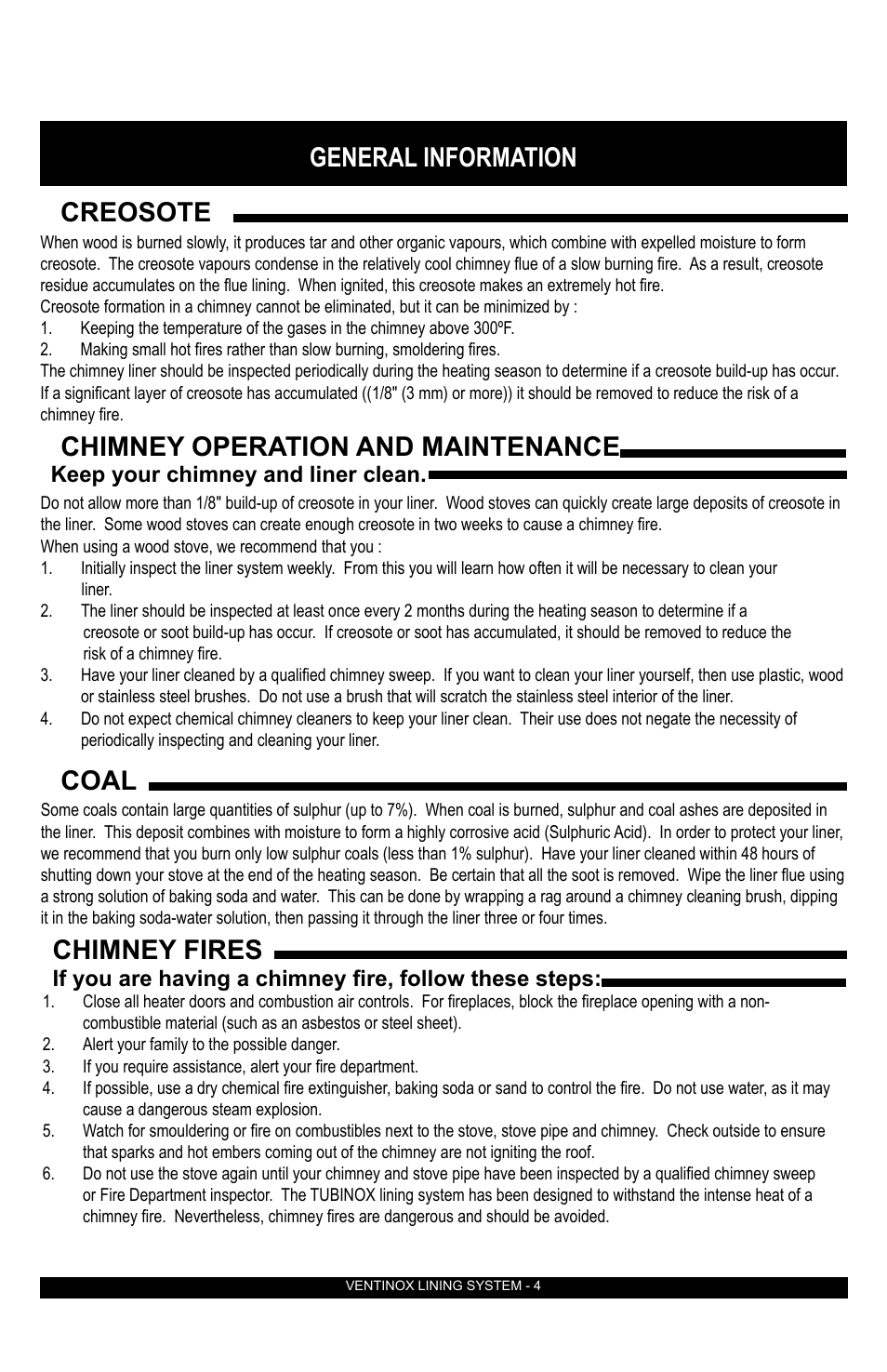 General information creosote, Chimney operation and maintenance, Coal | Chimney fires, Keep your chimney and liner clean | DuraVent Ventinox Rigid Factory-Built Lining System User Manual | Page 4 / 12