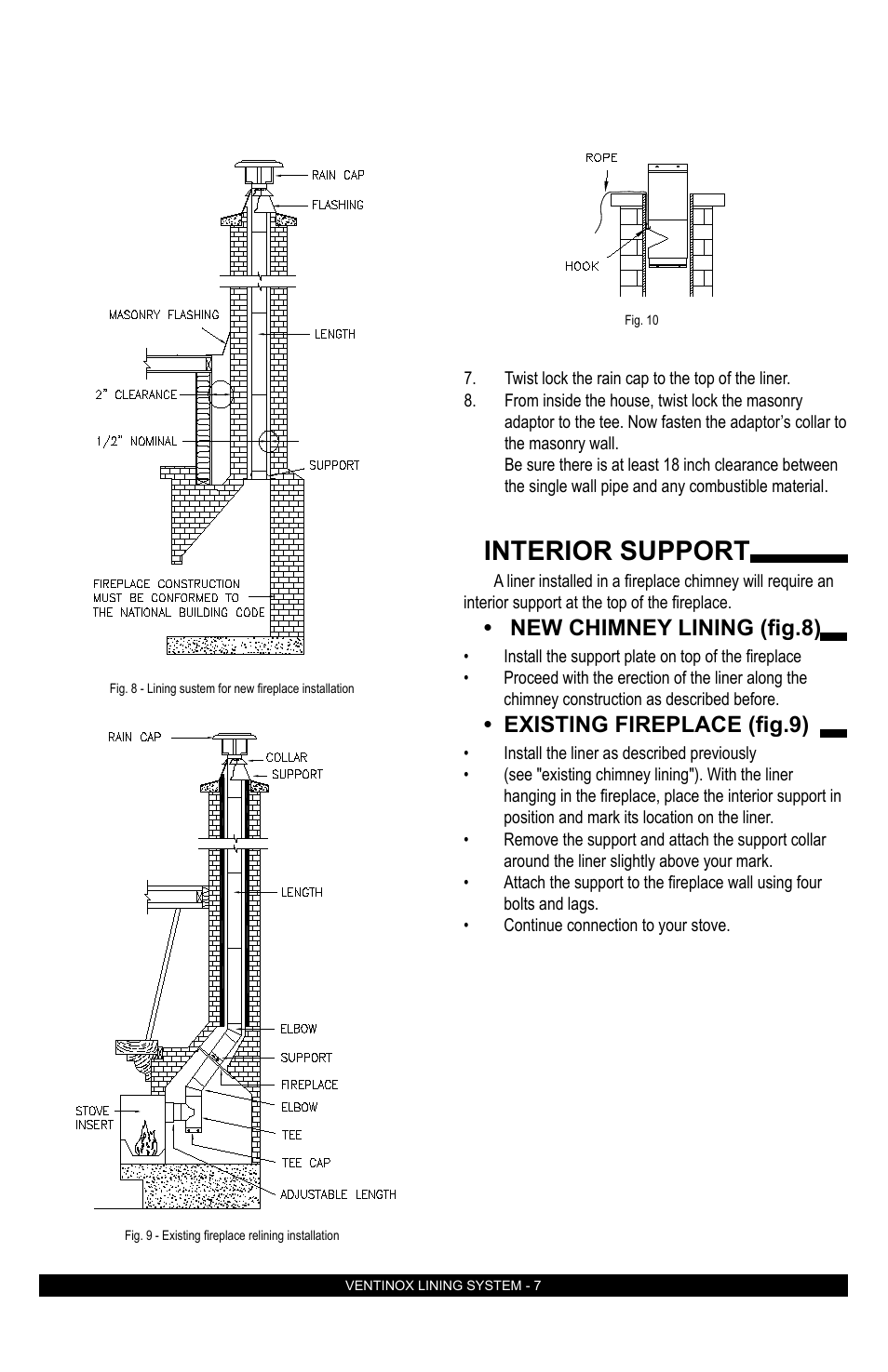 Interior support, New chimney lining (fig.8), Existing fireplace (fig.9) | DuraVent Ventinox Rigid Factory-Built Lining System User Manual | Page 7 / 12