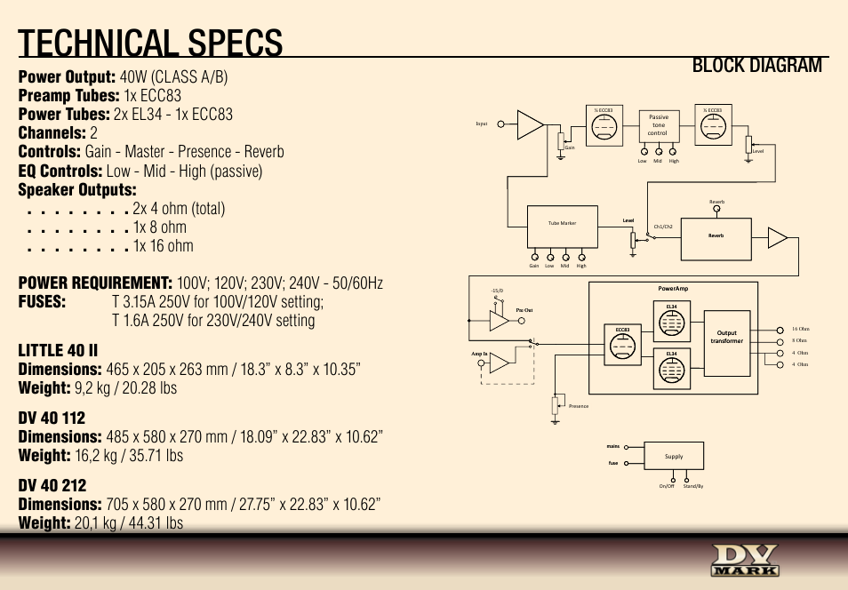 Technical specs, Block diagram | Dv Mark DV 40 212 User Manual | Page 7 / 8