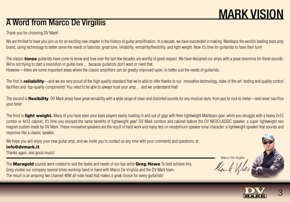 Mark vision, A word from marco de virgiliis | Dv Mark MARAGOLD User Manual | Page 3 / 8