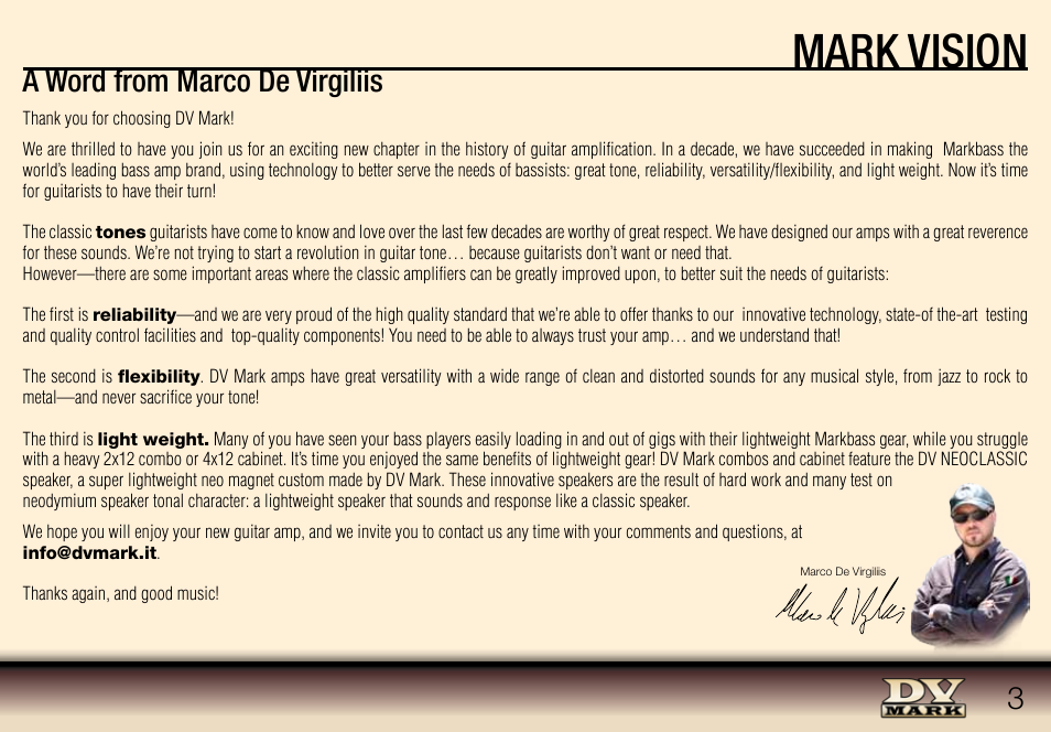 Mark vision, A word from marco de virgiliis | Dv Mark TRIPLE SIX 40 User Manual | Page 3 / 10