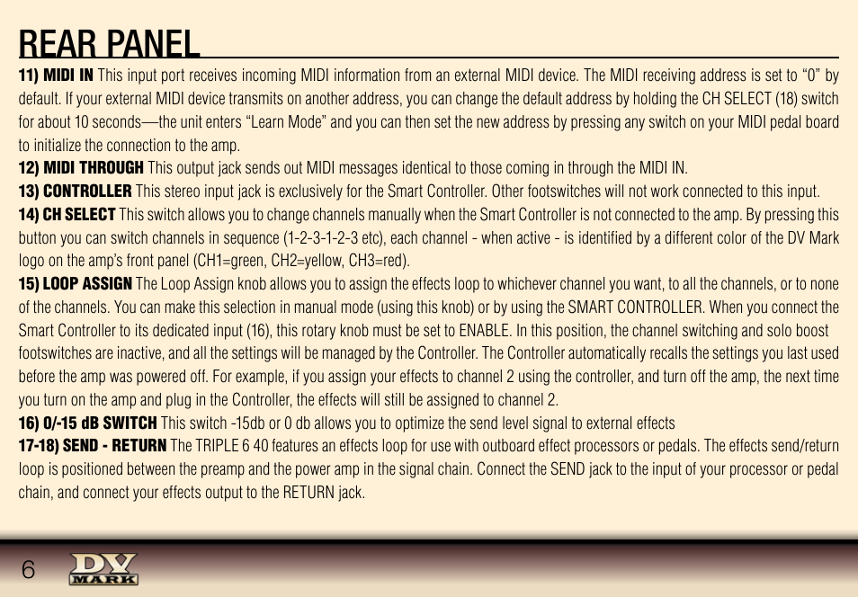 Rear panel | Dv Mark TRIPLE SIX 40 User Manual | Page 6 / 10