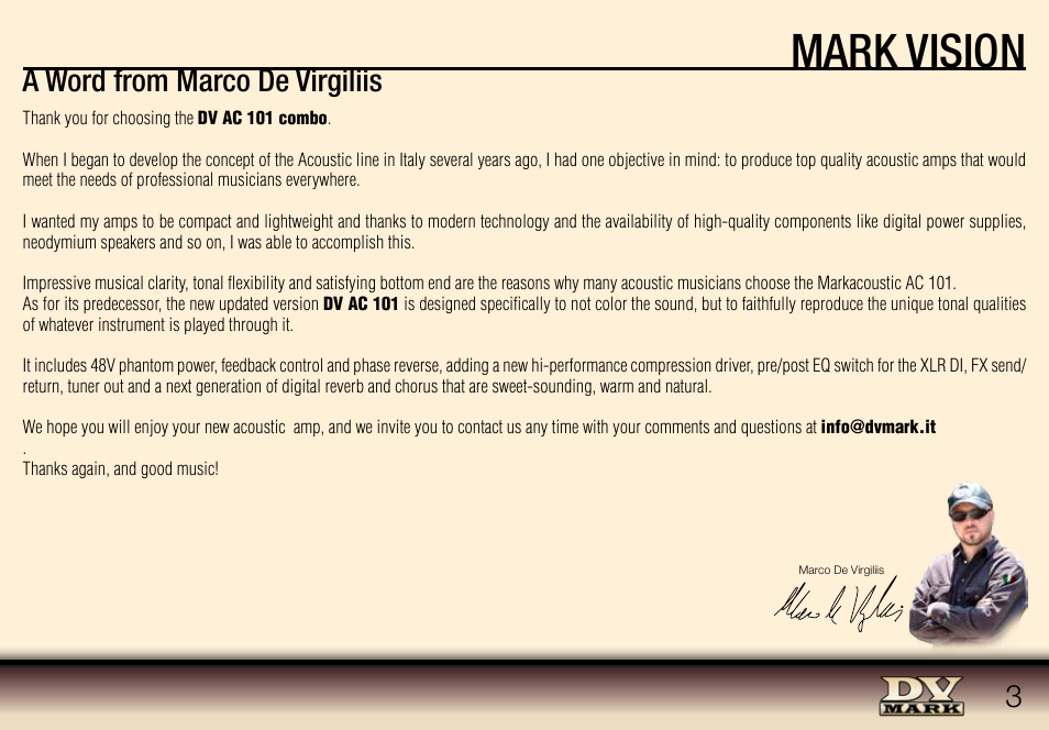 Mark vision, A word from marco de virgiliis | Dv Mark DV AC101 User Manual | Page 3 / 10