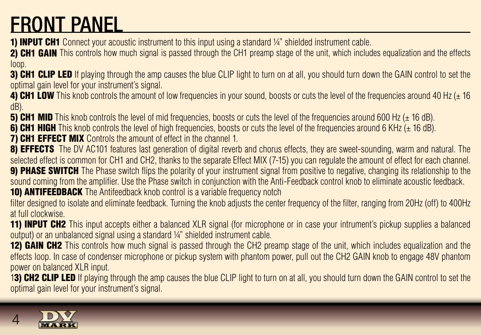 Front panel | Dv Mark DV AC101 User Manual | Page 4 / 10