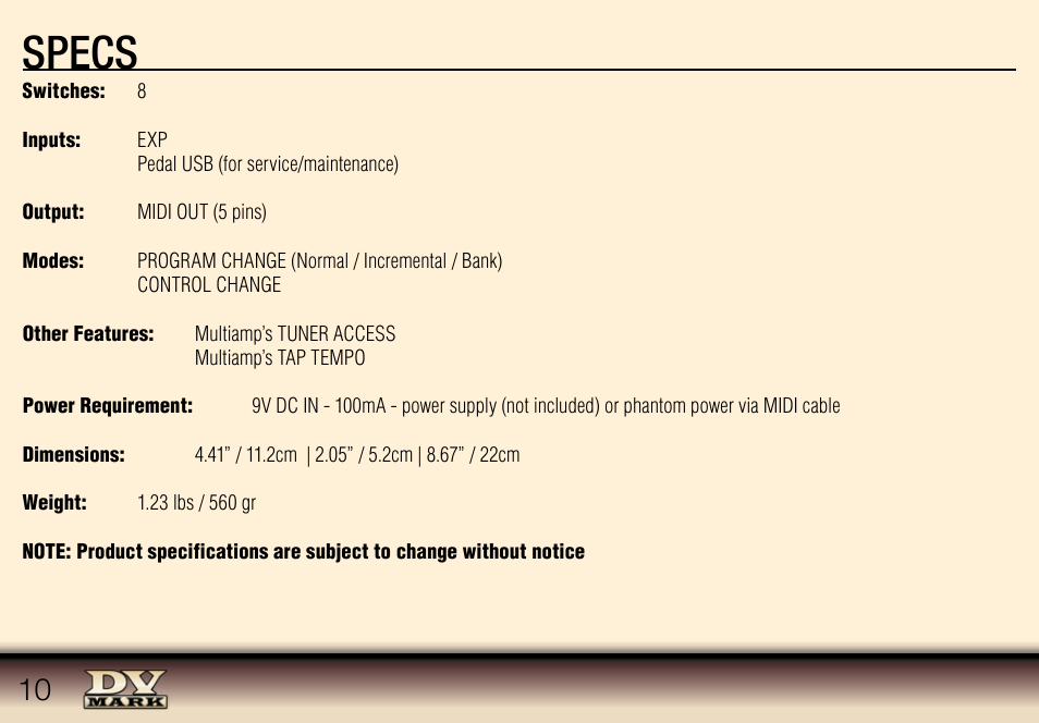 Specs | Dv Mark MULTIAMP MIDI PEDALBOARD User Manual | Page 10 / 12