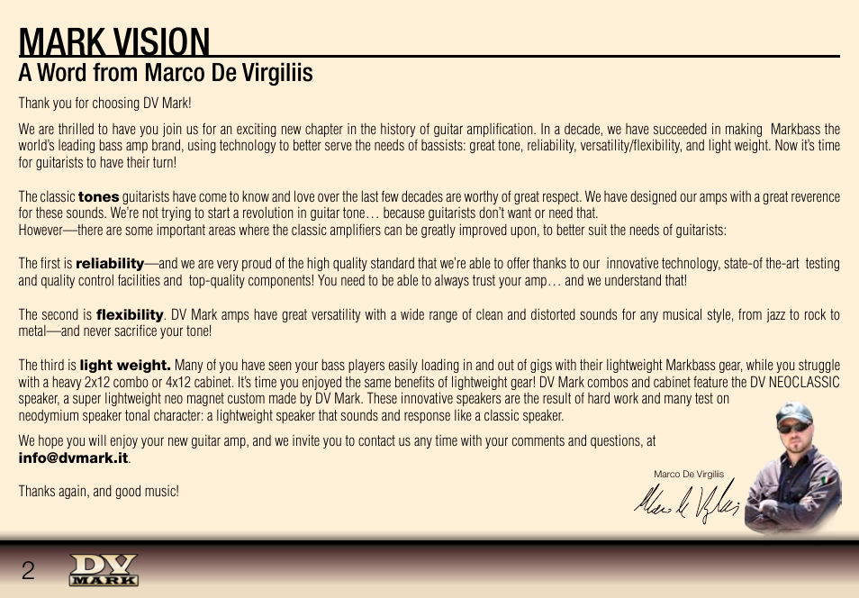 Mark vision, A word from marco de virgiliis | Dv Mark MULTIAMP MIDI PEDALBOARD User Manual | Page 2 / 12