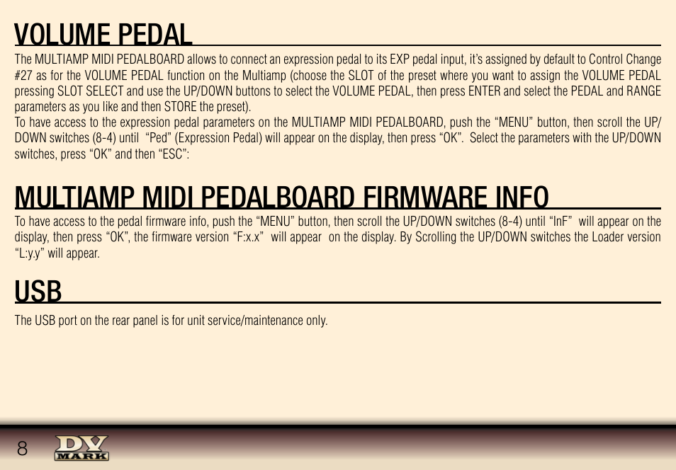 Volume pedal, Multiamp midi pedalboard firmware info usb | Dv Mark MULTIAMP MIDI PEDALBOARD User Manual | Page 8 / 12