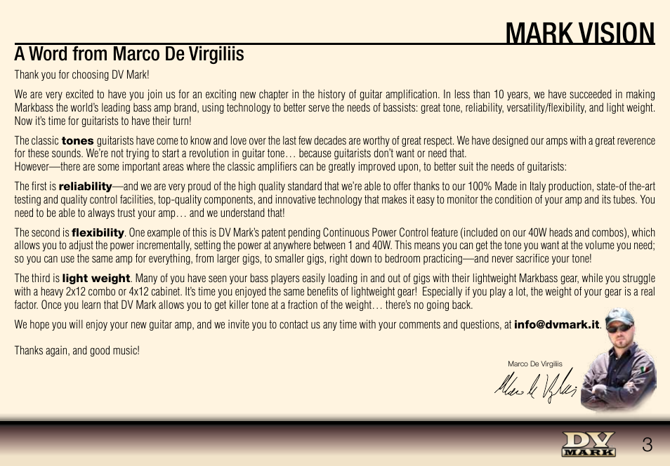 Mark vision, A word from marco de virgiliis | Dv Mark GALILEO 15 User Manual | Page 3 / 12