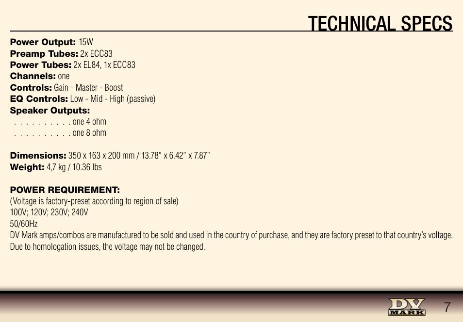 Technical specs | Dv Mark GALILEO 15 User Manual | Page 7 / 12