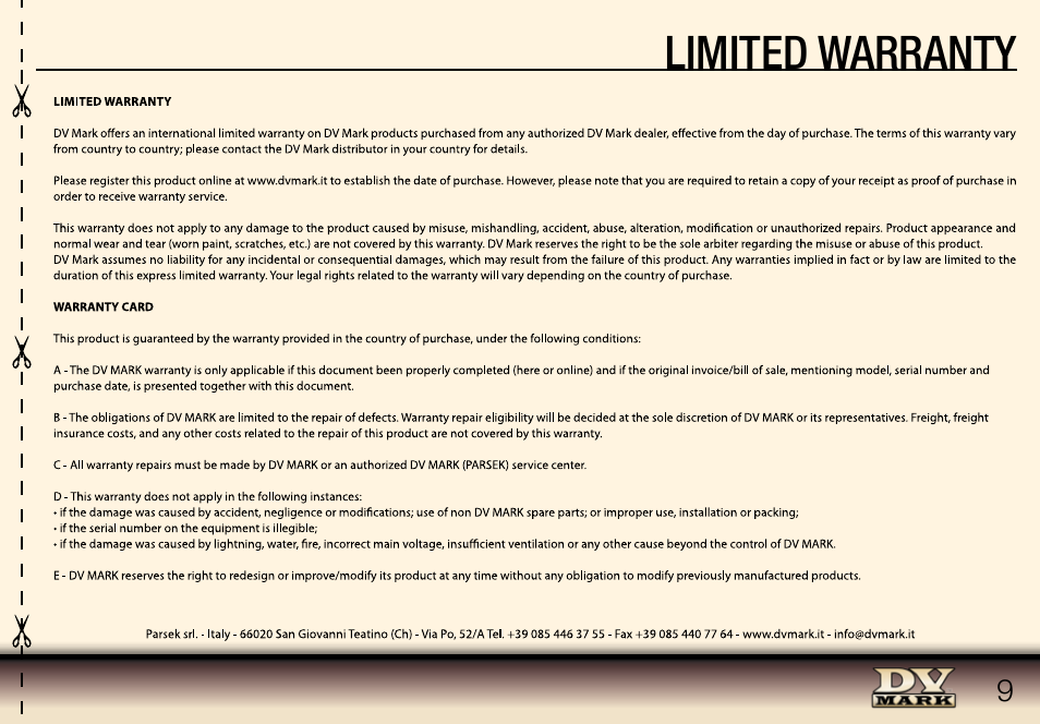 Limited warranty | Dv Mark GALILEO 15 User Manual | Page 9 / 12