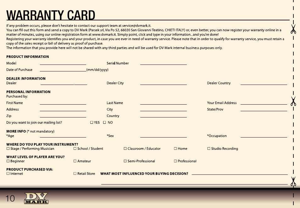 Warranty card | Dv Mark Little 40 User Manual | Page 10 / 12