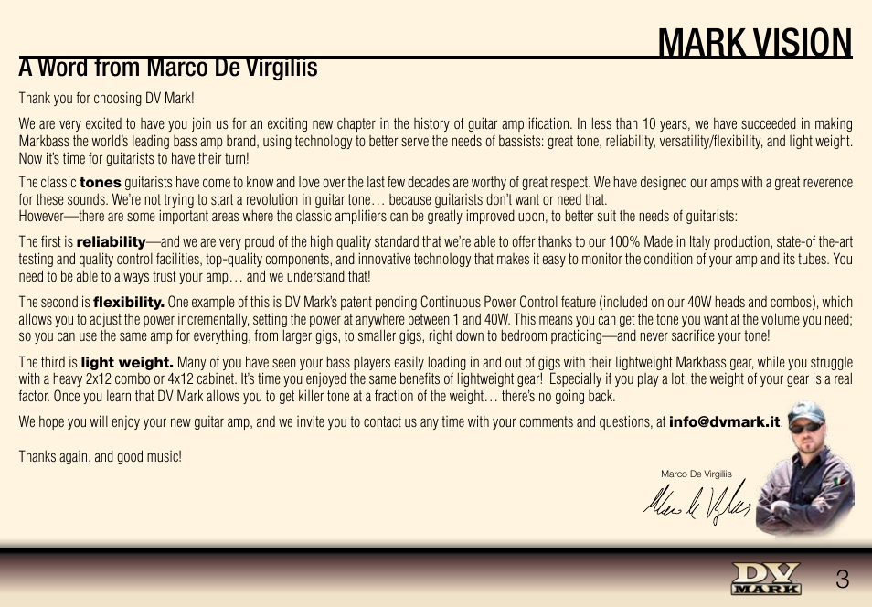 Mark vision, A word from marco de virgiliis | Dv Mark Little 40 User Manual | Page 3 / 12