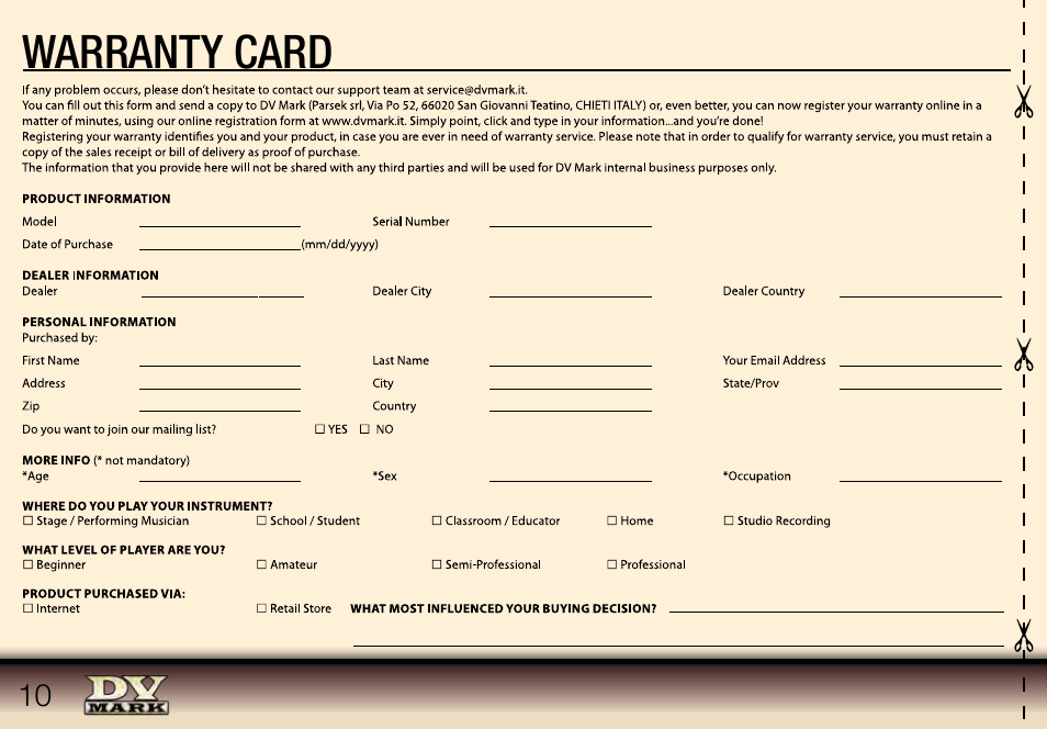 Warranty card | Dv Mark Bad Boy 120 User Manual | Page 10 / 12