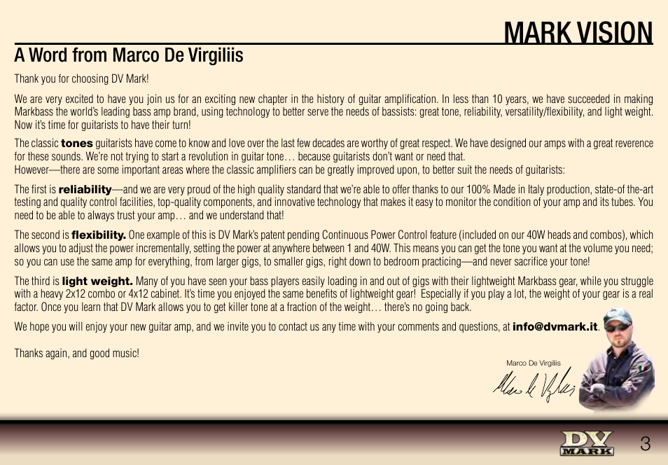 Mark vision, A word from marco de virgiliis | Dv Mark Bad Boy 120 User Manual | Page 3 / 12