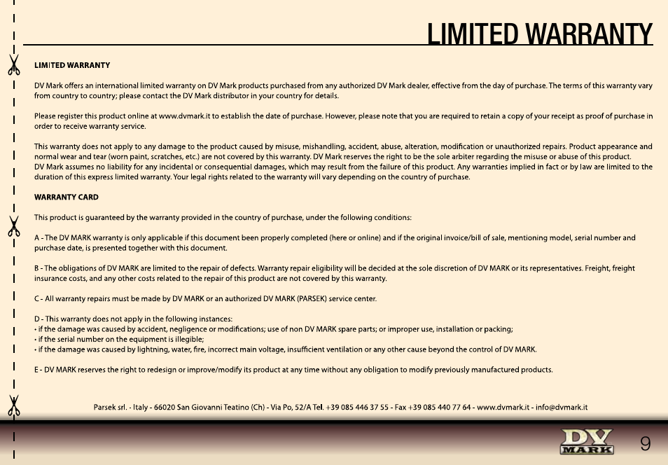 Limited warranty | Dv Mark Bad Boy 120 User Manual | Page 9 / 12