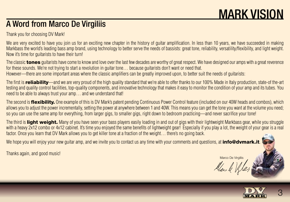 Mark vision, A word from marco de virgiliis | Dv Mark DV 403 CPC User Manual | Page 3 / 12