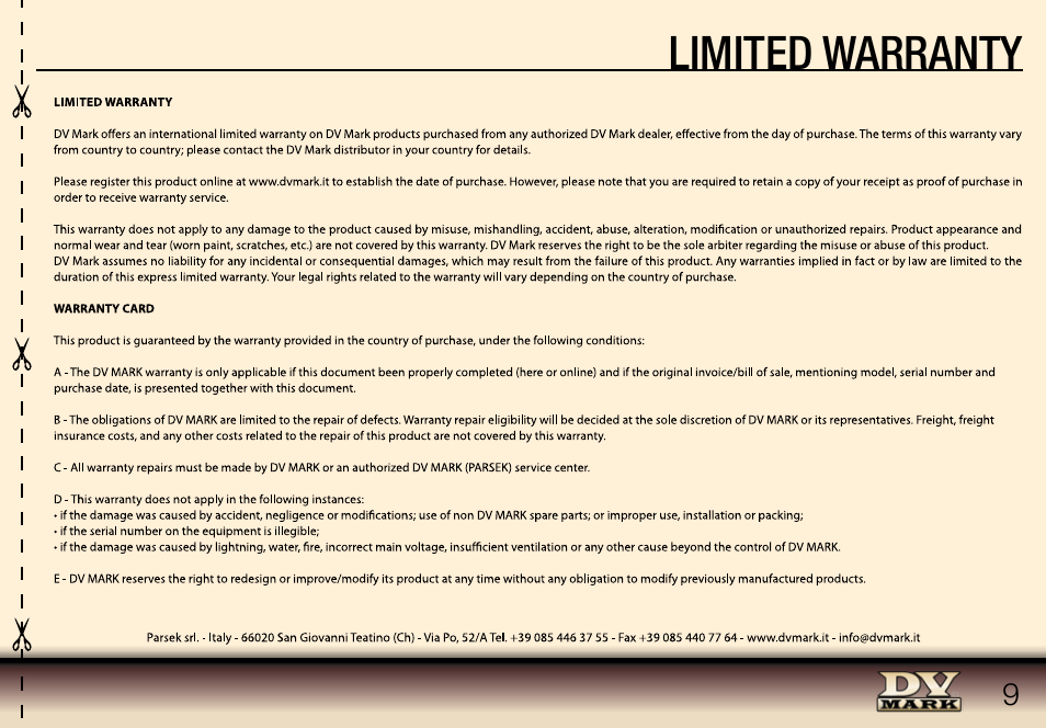Limited warranty | Dv Mark Triple 6 User Manual | Page 9 / 12