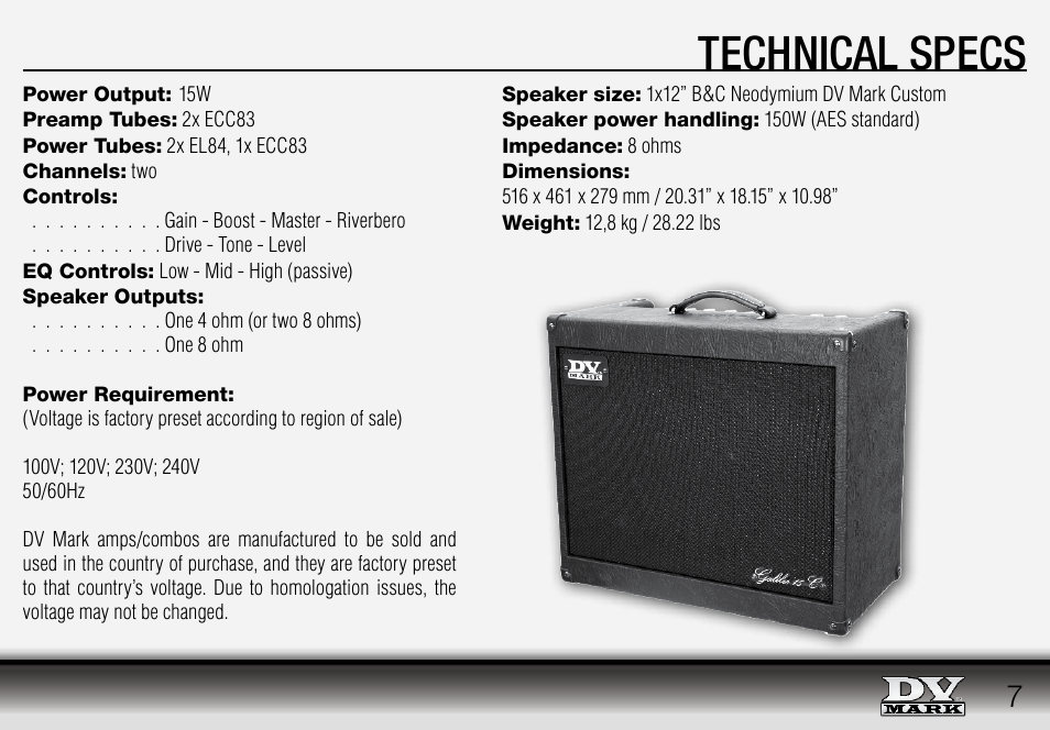 Technical specs | Dv Mark Galileo 15C User Manual | Page 7 / 12