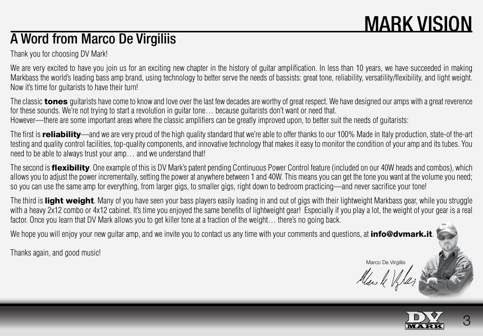 Mark vision, A word from marco de virgiliis | Dv Mark Frank Gambale Combo 112 User Manual | Page 3 / 12