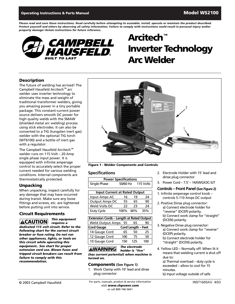 Campbell Hausfeld ARCITECH WS2100 User Manual | 36 pages