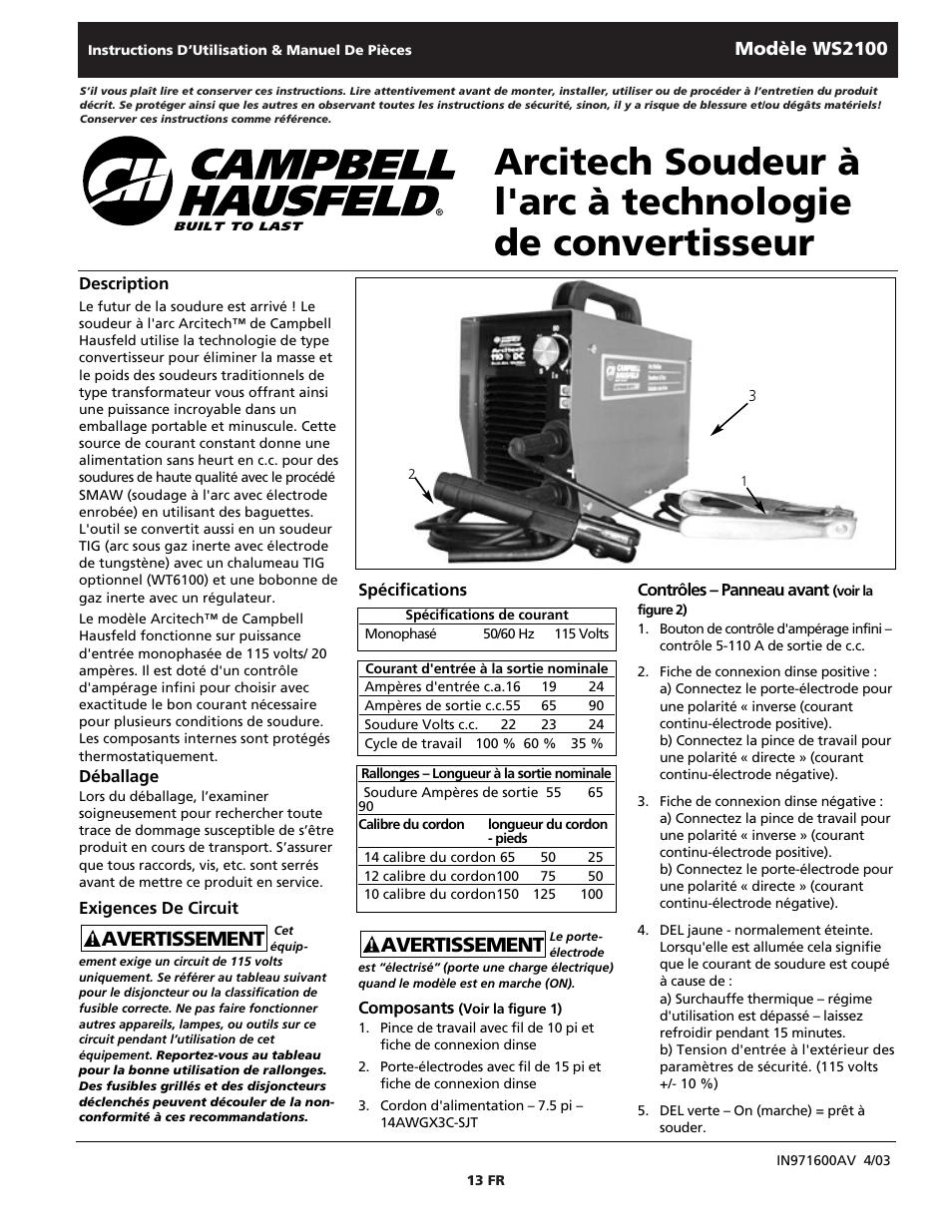 Avertissement | Campbell Hausfeld ARCITECH WS2100 User Manual | Page 13 / 36