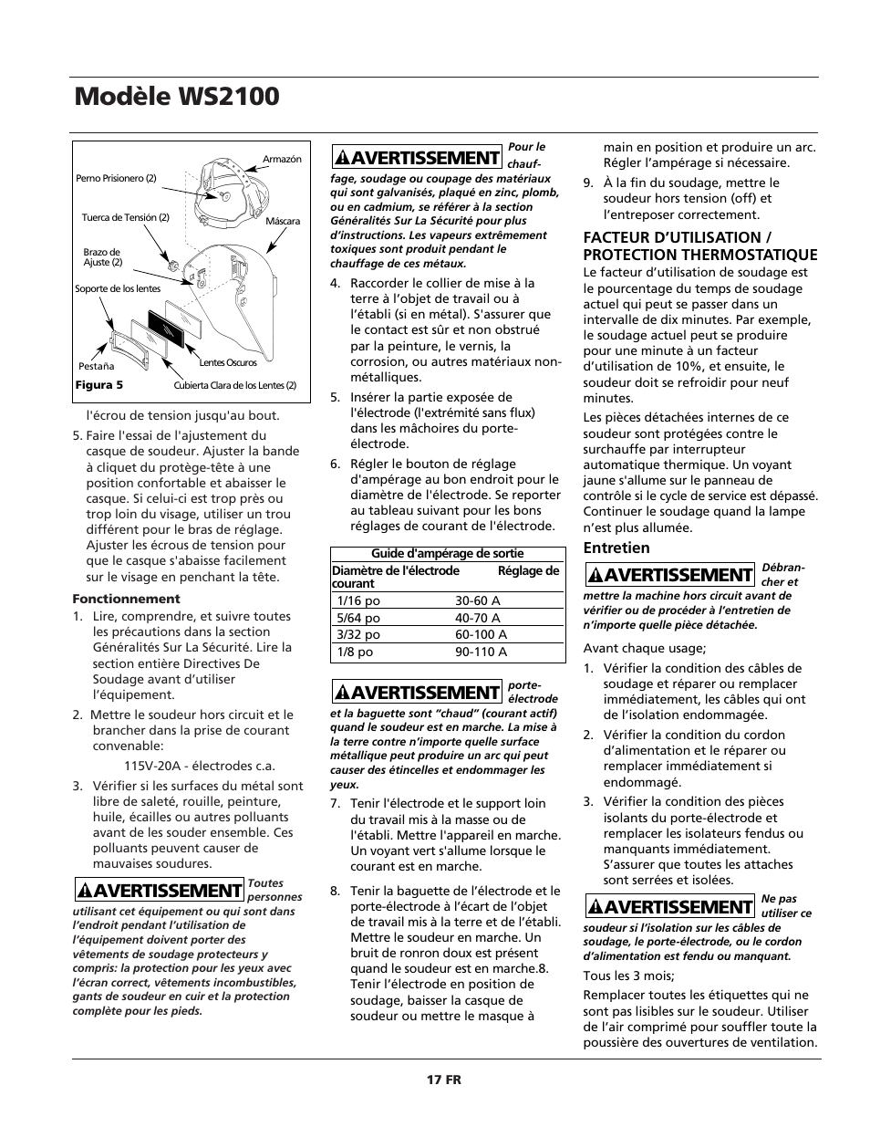 Modèle ws2100, Avertissement | Campbell Hausfeld ARCITECH WS2100 User Manual | Page 17 / 36