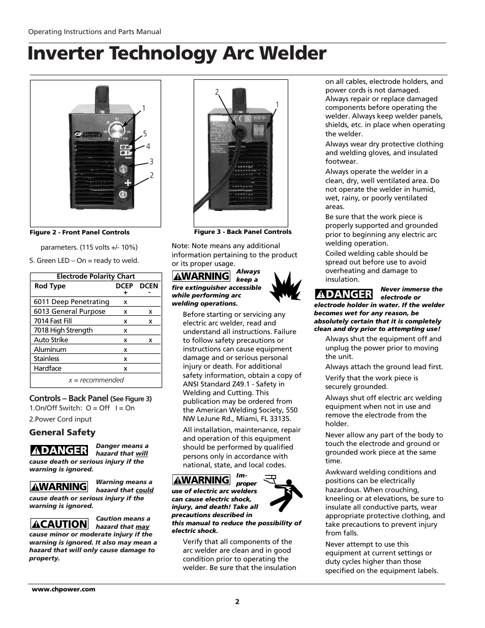 Inverter technology arc welder, Caution, Danger | Warning | Campbell Hausfeld ARCITECH WS2100 User Manual | Page 2 / 36