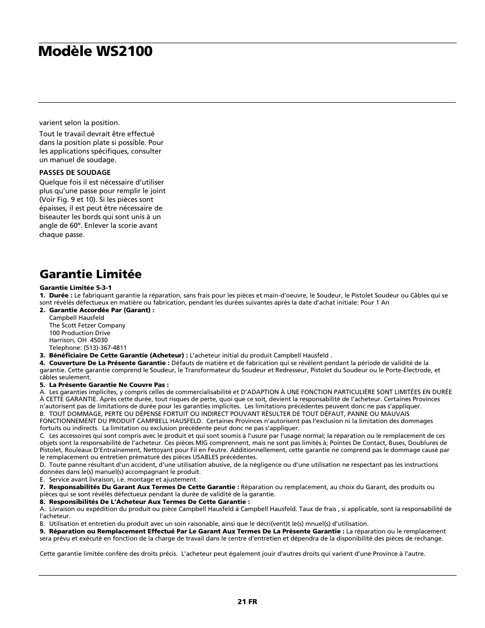 Modèle ws2100, Garantie limitée | Campbell Hausfeld ARCITECH WS2100 User Manual | Page 21 / 36