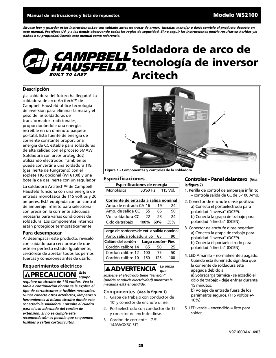 Precaucion, Advertencia | Campbell Hausfeld ARCITECH WS2100 User Manual | Page 25 / 36