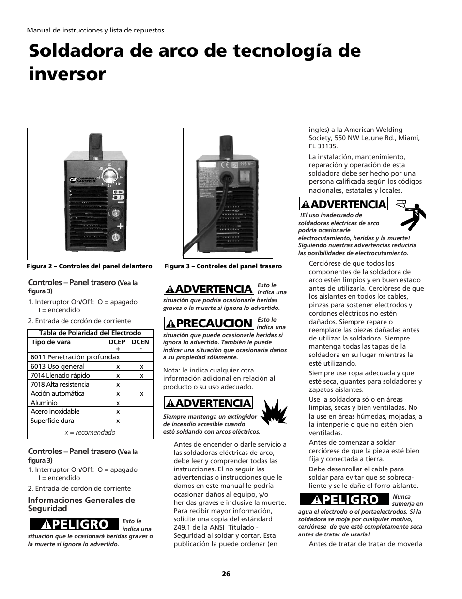 Soldadora de arco de tecnología de inversor, Peligro, Precaucion | Advertencia | Campbell Hausfeld ARCITECH WS2100 User Manual | Page 26 / 36
