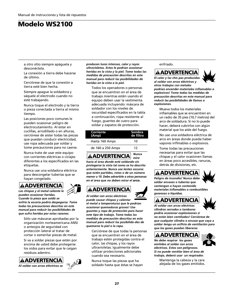 Modelo ws2100, Advertencia | Campbell Hausfeld ARCITECH WS2100 User Manual | Page 27 / 36