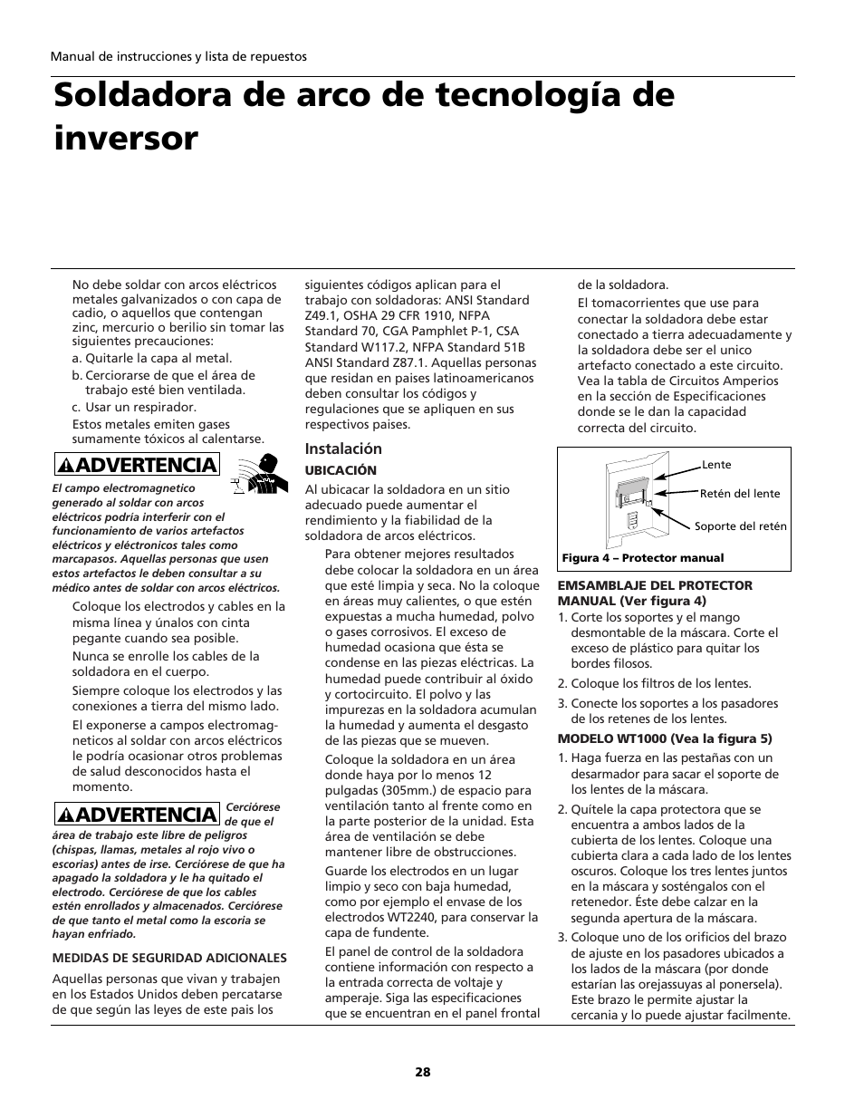 Soldadora de arco de tecnología de inversor, Advertencia | Campbell Hausfeld ARCITECH WS2100 User Manual | Page 28 / 36