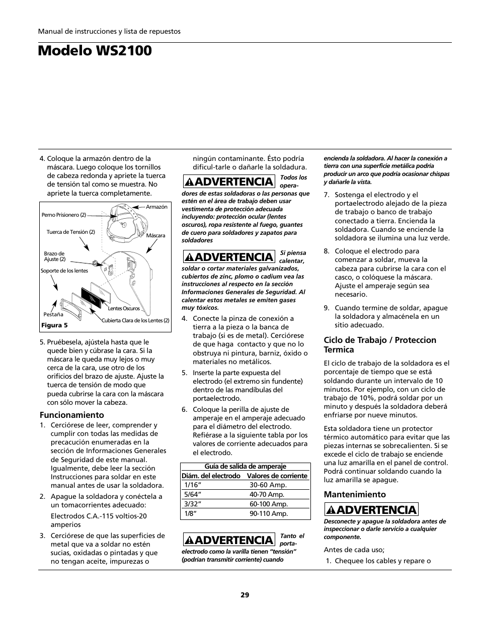 Modelo ws2100, Advertencia | Campbell Hausfeld ARCITECH WS2100 User Manual | Page 29 / 36