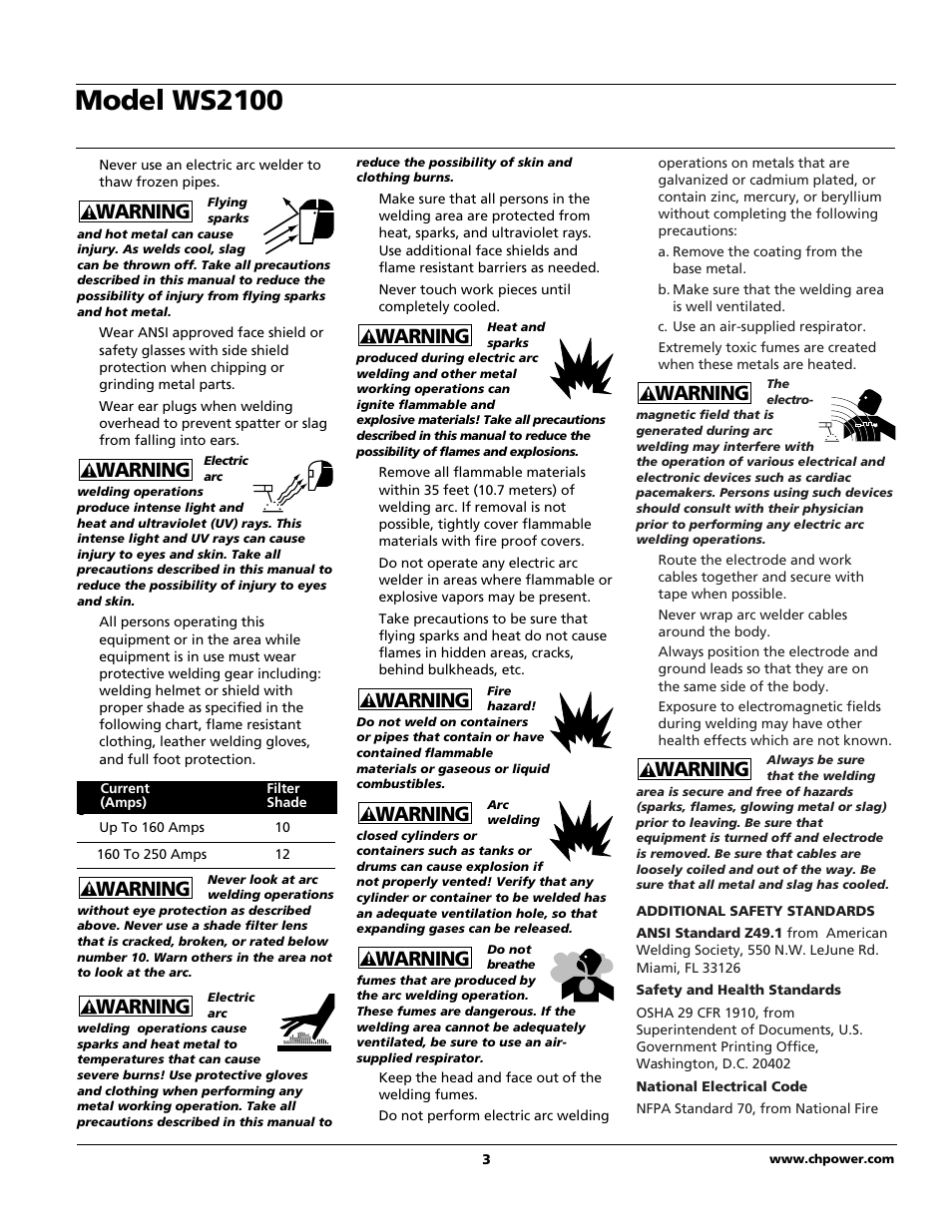 Model ws2100, Warning | Campbell Hausfeld ARCITECH WS2100 User Manual | Page 3 / 36