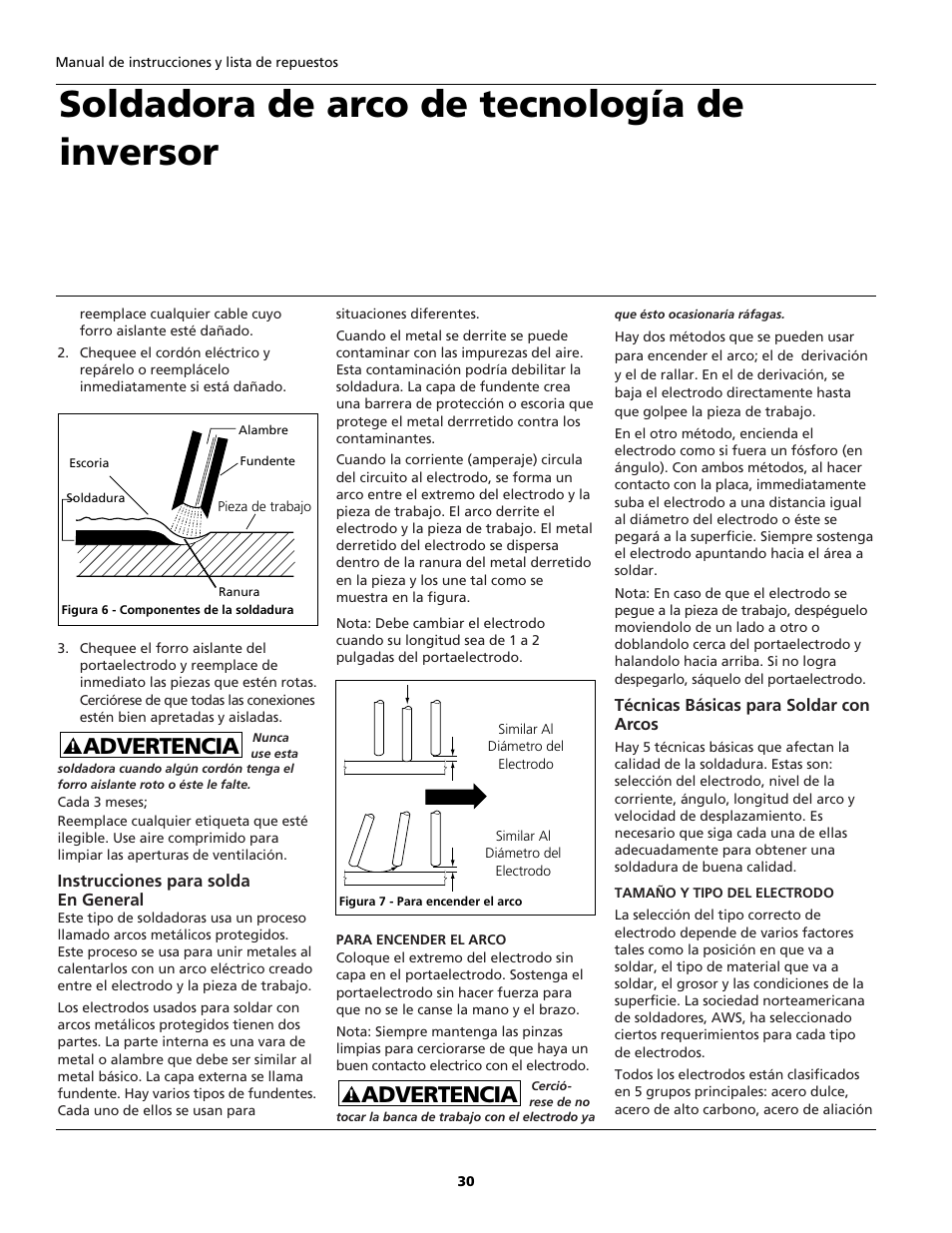 Soldadora de arco de tecnología de inversor, Advertencia | Campbell Hausfeld ARCITECH WS2100 User Manual | Page 30 / 36